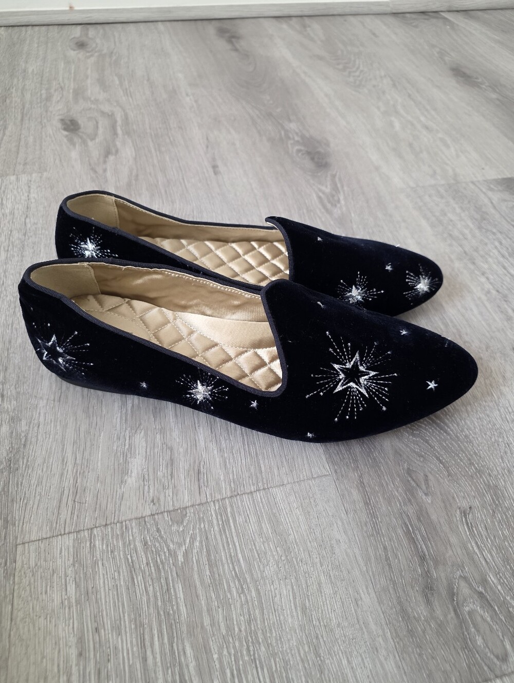 Birdies Heron flats sky blue velvet with silver celestial embroidery 11